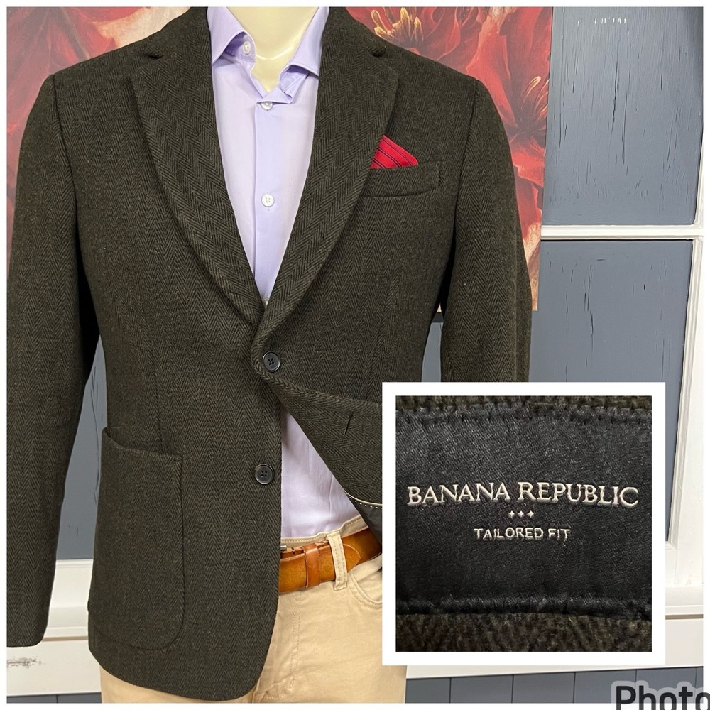 Banana Republic Soft Tweed Blazer Mens 40S Short Tailored Fit Dark Olive/Black